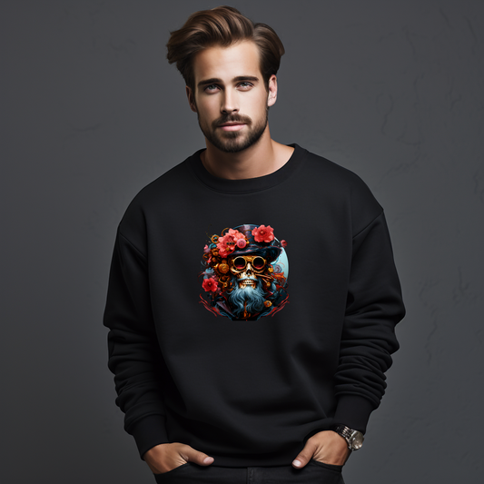 Stilingas juodas vyriškas džemperis "Captain Jack" su ryškiu kaukolės ir gėlių piešiniu. Unikalus ir drąsus dizainas, puikiai tinkantis nuotykių ieškotojams. Modernus ir charizmatiškas pasirinkimas, atspindintis jūrininko dvasią. Vyriškas džemperis "Captain Jack", Vyriški džemperiai, BESTSELLER'iai, Naujausi dizainai