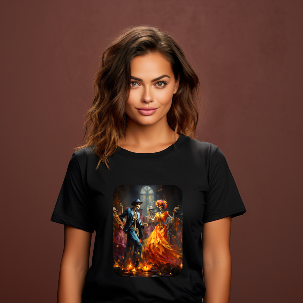 Jauna moteris dėvinti "DesignedByMe" "Halloween Last Dance" moteriškus marškinėlius su ryškiu skeletų piešiniu, juoda marškinėlių spalva, Moteriški marškinėliai,Visi produktai