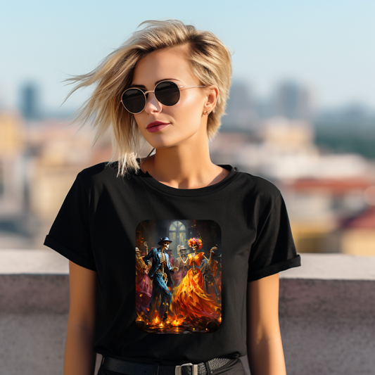 DesignedByMe moteriški marškinėliai “Halloween Last Dance” su unikaliai atvaizdu, kurioje moteris dėvi saulės akinius ir stovi ant stogo su miesto vaizdais, Moteriški marškinėliai, Visi produktai