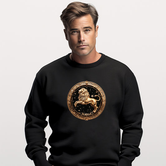 Vyriškas džemperis su auksiniu Liūto zodiako ženklu, puoštas kosminiais elementais. Modernus ir unikalus dizainas atspindi pasitikėjimą ir ambiciją. Designedbyme.lt kolekcijos dalis. Vyriškas džemperis su zodiako ženklu "Liūtas", Vyriški džemperiai, Perkamiausi džemperiai, Naujausi dizainai, Zodiako ženklų kolekcija