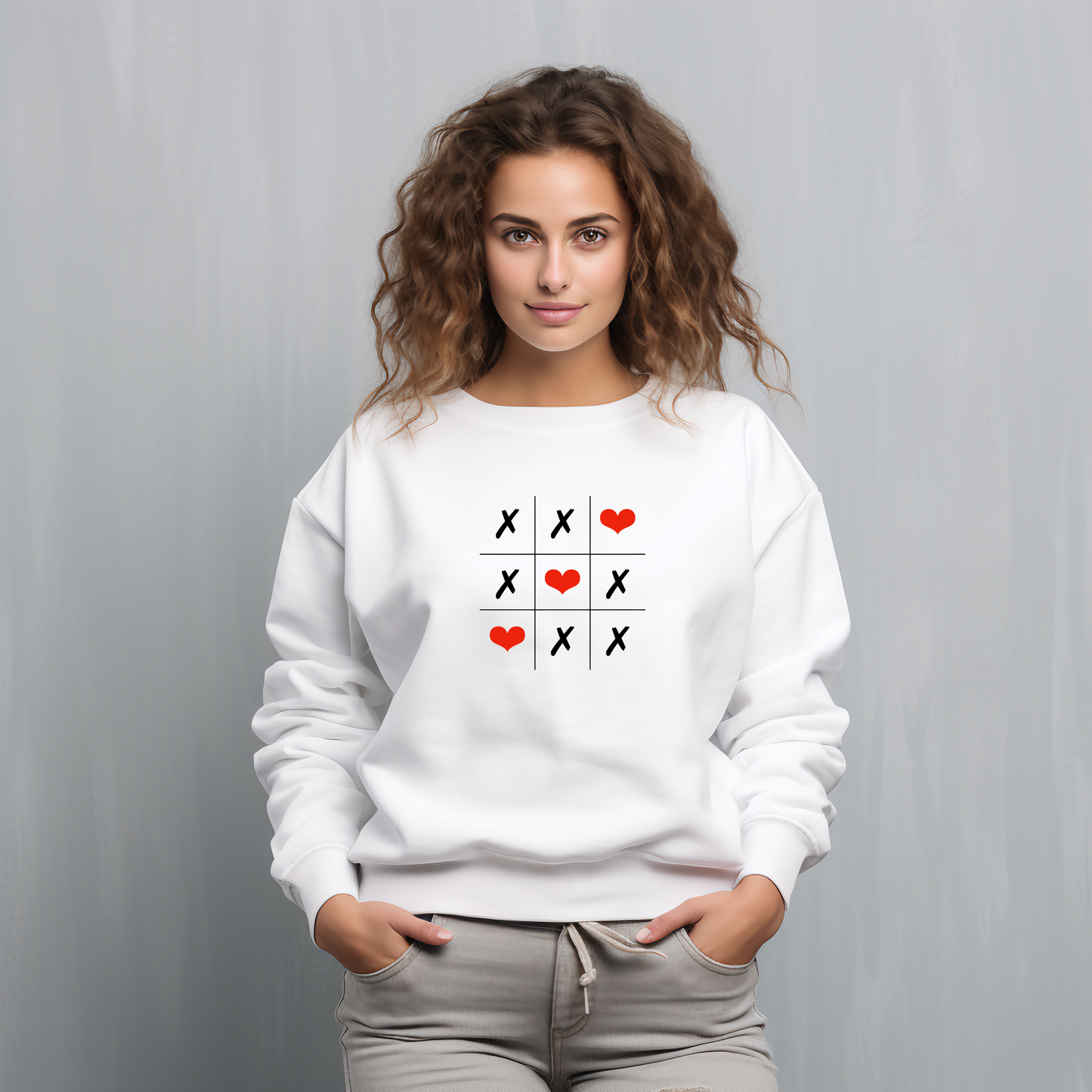 Baltas moteriškas džemperis Love Game su kryžiukų ir širdelių žaidimo dizainu, stilingas ir minimalistinis