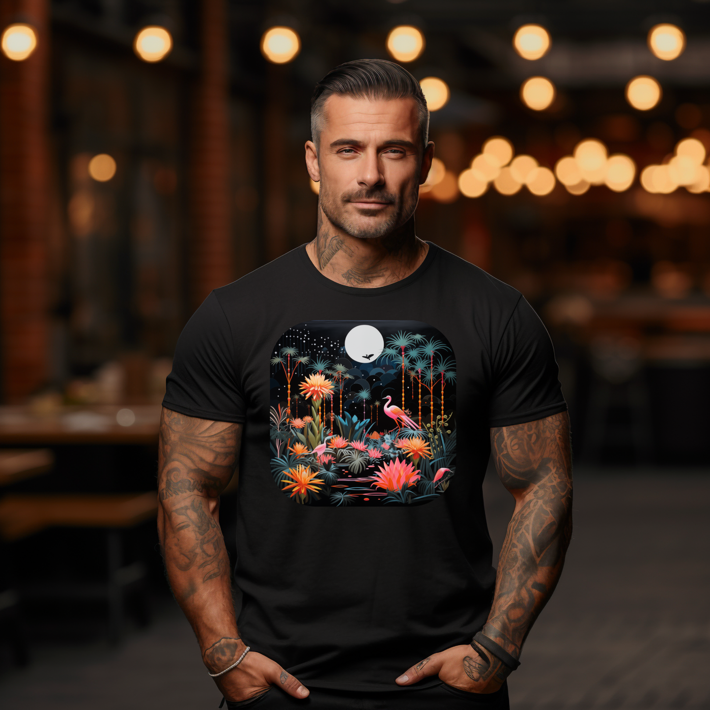 Vyras su "Night Paradise" marškinėliais, kurie atspindi gamtos spalvas ir gyvūnų įvairovę. Šį stilingą drabužį galima rasti Designedbyme.lt. , Vyriški marškinėliai,Visi produktai