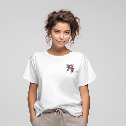 Stilingi balti marškinėliai su spalvinga palmės šakele, puikiai tinkantys vasaros sezonui. Minimalistinis dizainas suteikia tropinio gaivumo ir ramybės. Designedbyme.lt kolekcijos dalis, tobula dovana moterims. Unikalus ir originalus sprendimas kasdienai ar šventei. , FINALINIS IŠPARDAVIMAS! NUOLAIDOS IKI -80%