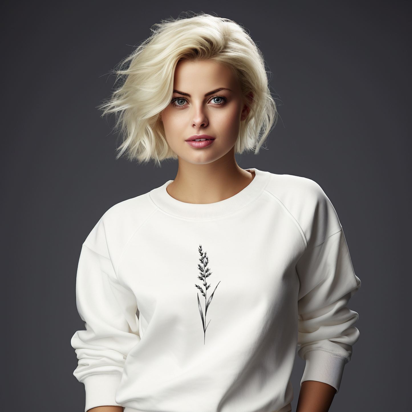 Stilingas baltas moteriškas džemperis su minimalistiniu smilgos piešiniu, atspindinčiu gamtos grožį ir eleganciją. Unikalus Designed By Me kūrinys, idealus kasdienai ir ypatingoms progoms. Populiarus ir madingas pasirinkimas šiuolaikinei moteriai. Moteriški džemperiai, Perkamiausi džemperiai, Naujausi dizainai