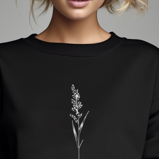 Stilingas juodas moteriškas džemperis su subtiliu baltu smilgos piešiniu. Minimalistinis ir elegantiškas dizainas "Smilga Black" iš Designedbyme.lt. Puikus pasirinkimas moderniai moteriai. Moteriški džemperiai, BESTSELLER'iai, Perkamiausi džemperiai, Naujausi dizainai, Kalėdinių džemperių kolekcija