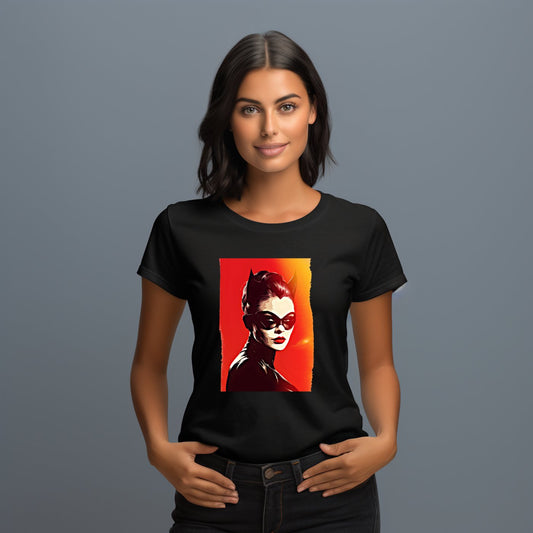 Stilingi juodi marškinėliai su ryškiu Catwoman atvaizdu, idealūs kasdienai ir neformaliam stiliui. Unikalus dizainas atspindi stiprią ir charizmatišką personažę. Puiki dovana moterims, ieškančioms originalaus ir modernaus stiliaus. Designedbyme.lt kokybė, Moteriški marškinėliai, Naujausi dizainai