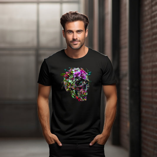 Stilingi juodi vyriški marškinėliai su ryškiu gėlėmis papuoštu kaukolės atvaizdu. Unikalus Designedbyme.lt dizainas, atspindintis gyvybės ir mirties harmoniją. Puiki dovana moderniam vyrui, ieškančiam išskirtinio stiliaus, Vyriški marškinėliai, Vasaros kolekcija, Naujausi dizainai