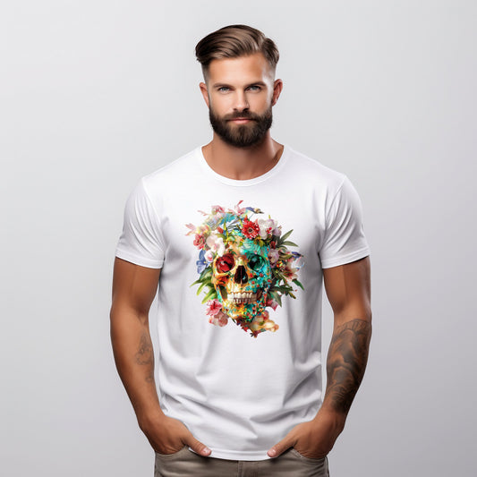 Stilingi balti vyriški marškinėliai su spalvinga gėlių kaukolės spauda. Unikalus dizainas, atspindintis gyvenimo trapumą ir grožį. Puiki dovana originaliam vyrui. Designedbyme.lt kokybė, Vyriški marškinėliai, Vasaros kolekcija, Naujausi dizainai