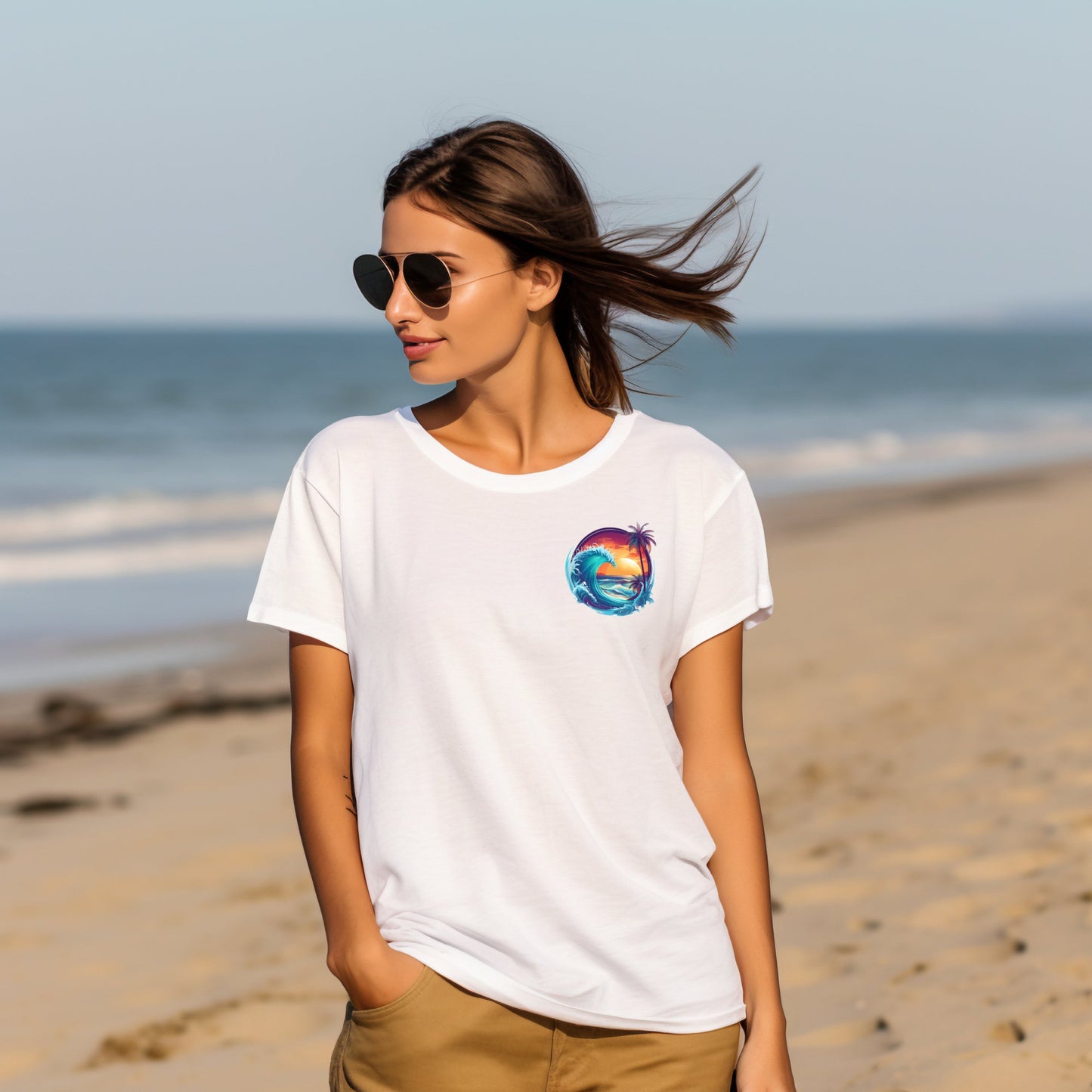 Stilinga moteris su baltais "Fresh Wave" marškinėliais ir saulės akiniais paplūdimyje. Marškinėliai puošti ryškiu palmės ir bangų motyvu, atspindinčiu vasaros dvasią. Tobulas pasirinkimas atostogoms ir laisvalaikiui, Moteriški marškinėliai, Vasaros kolekcija, Naujausi dizainai