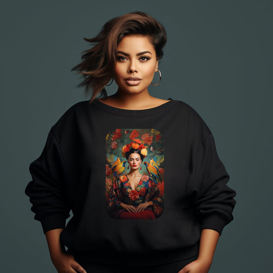 Juodas džemperis su ryškiu Fridos Kahlo paveikslu, demonstruojamas ant modelio tamsiame fone. Unikalus meninis dizainas, modernus ir stilingas. Puikus pasirinkimas meno gerbėjams ir trendseterėms. Designedbyme.lt kokybė, Moteriški džemperiai,Perkamiausi džemperiai, Naujausi dizainai