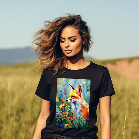 Stilingi juodi marškinėliai su ryškiu lapės paveikslu, demonstruojami lauke saulėtą dieną. Unikalus Designedbyme.lt dizainas, simbolizuojantis stiprybę ir nepriklausomumą. Puiki dovana moterims, ieškančioms originalaus stiliaus, Moteriški marškinėliai, Naujausi dizainai