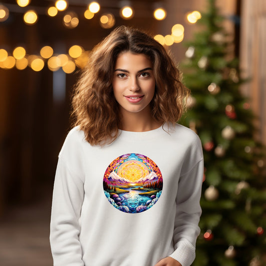 Baltas džemperis su ryškiu mandalos dizainu, atspindinčiu gamtos harmoniją. Unikalus Designedbyme.lt kūrinys, puikiai tinkantis šventiniam sezonui. Stilingas ir patogus pasirinkimas moderniai moteriai. Moteriški džemperiai,Perkamiausi džemperiai, Naujausi dizainai