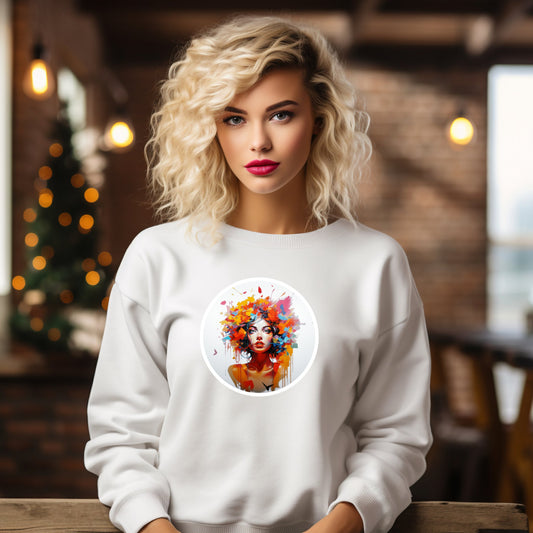 Stilingas baltas moteriškas džemperis su ryškiu spalvotu atvaizdu, puikiai tinkantis kasdienai ir ypatingoms progoms. Unikalus Designedbyme.lt kūrinys, atspindintis šiuolaikinę madą ir originalumą. Moteriški džemperiai, Perkamiausi džemperiai, Naujausi dizainai