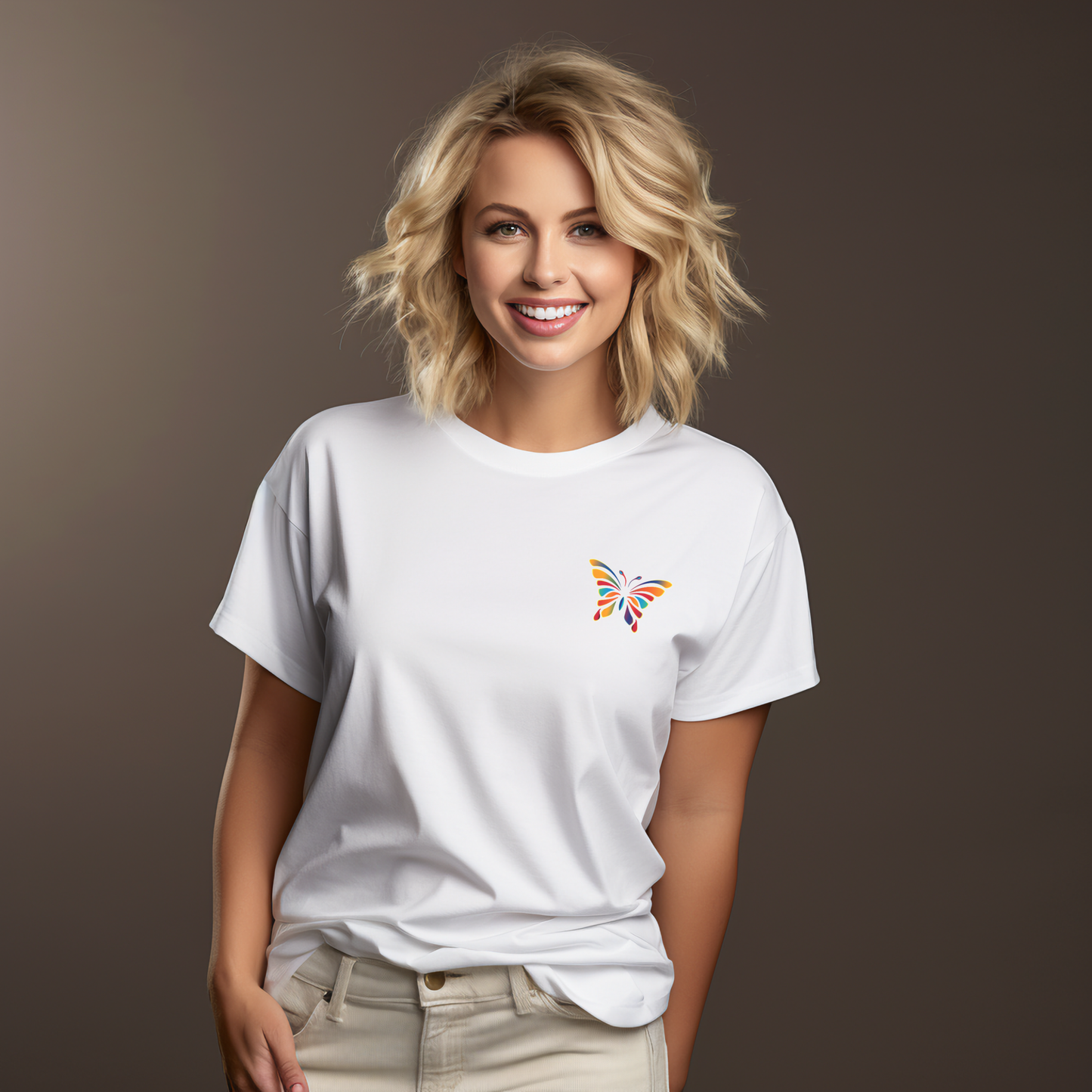Moteriški marškinėliai “Summer Butterfly” su spalvingu minimalistiniu drugelio motyvu kasdieniam vasaros stiliui.