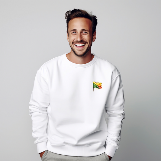 Vyriškas džemperis "Trispalvė" - klasikinis baltas džemperis su maža trispalve vėliavėle ant krūtinės, demonstruojamas ant šviesaus fono. Stilingas ir patogus kasdieninis drabužis, puikiai tinkantis bet kokiam sezonui.