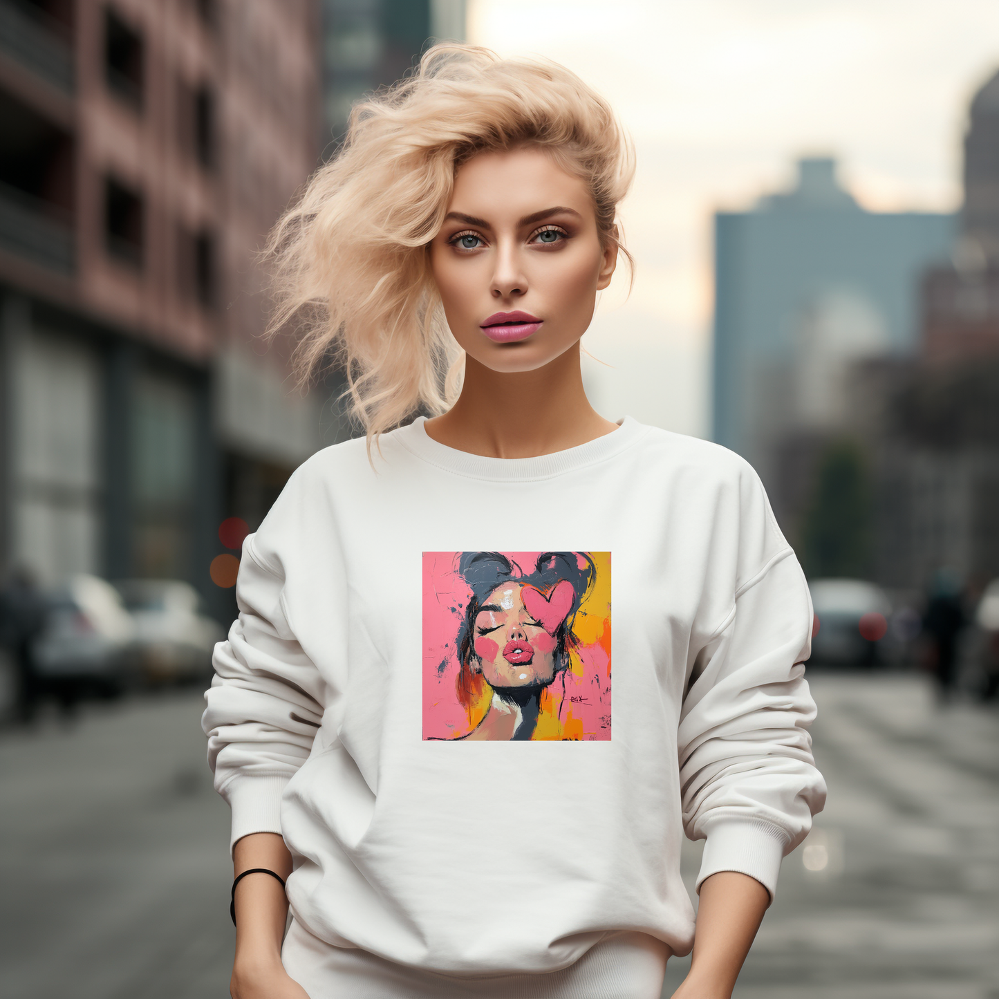Stilingas baltas moteriškas džemperis "XOXO" su ryškiu pop-art stiliaus moteriško veido atvaizdu rožiniame fone, fotografuotas miesto aplinkoje. Modernaus dizaino džemperis iš Perkamiausi džemperiai kolekcijos.