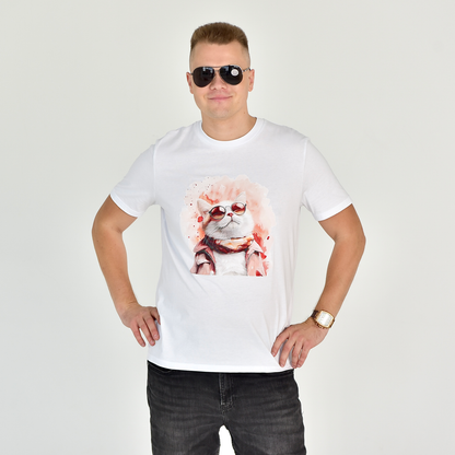 Vyriški marškinėliai su stilingu katinu, dėvinčiu akinius ir skarelę, Designedbyme.lt gaminys, spalvingas ir žaismingas dizainas, kasdieniškam ir miesto stiliui, Vyriški marškinėliai,Visi produktai, Vasaros kolekcija 