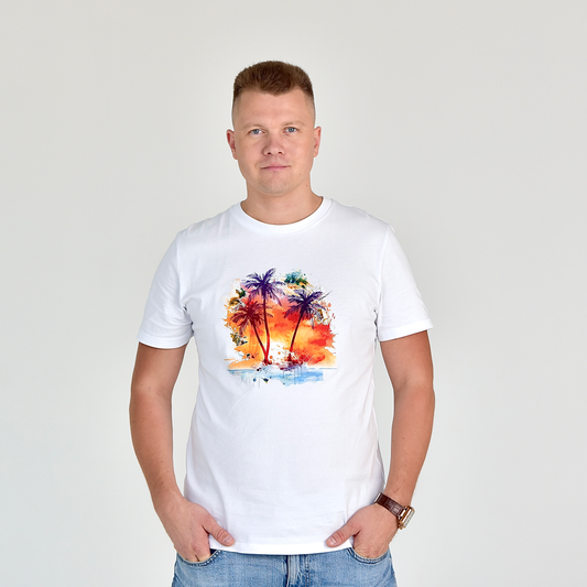 Vyriški marškinėliai „Sunset Paradise“ iš Designed By Me su ryškiais saulėlydžio motyvais ir palmėmis ant priešakinės dalies, Vyriški marškinėliai,Visi produktai, Vasaros kolekcija 