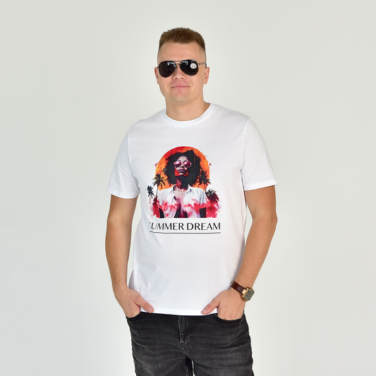 Vyriški marškinėliai “Summer Dream” su egzotiškomis palmėmis ir saulės apšviestu portretu. Puiki dovana miesto šurmuliui ar atostogų kelionėms. Designedbyme.lt, Designedbyme, Designed By Me, marškinėliai, vyriški marškinėliai, gimtadienio dovanos vyrams, dovanu idejos moterims, marškinėliai su spauda, maikutės vyrams, vyriskos maiketės, spauda ant marškinėlių, marškinėlių gamyba, originalios dovanos, Vyriški marškinėliai, Visi produktai,  Vasaros kolekcija 