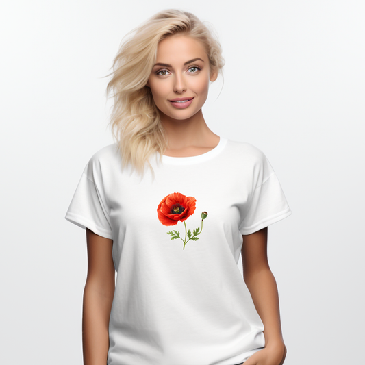 Stilingi balti moteriški marškinėliai su ryškiu aguonos žiedu - unikalus Designed By Me kūrinys. Elegantiškas minimalizmas kasdienai ir ypatingoms progoms. Tobula dovana moteriai, ieškančiai originalumo.,  FINALINIS IŠPARDAVIMAS! NUOLAIDOS IKI -80%