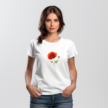 Stilingi balti moteriški marškinėliai su ryškiu aguonos žiedu, puikiai tinkantys kasdieniam dėvėjimui. Designedbyme.lt originalus dizainas, atspindintis gamtos grožį ir minimalizmą. Puiki dovana draugei ar sau. ,  FINALINIS IŠPARDAVIMAS! NUOLAIDOS IKI -80%