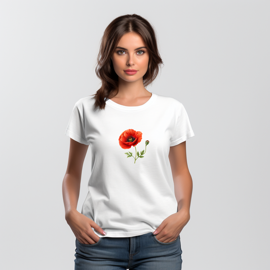Stilingi balti moteriški marškinėliai su ryškiu aguonos žiedu, puikiai tinkantys kasdieniam dėvėjimui. Designedbyme.lt originalus dizainas, atspindintis gamtos grožį ir minimalizmą. Puiki dovana draugei ar sau. ,  FINALINIS IŠPARDAVIMAS! NUOLAIDOS IKI -80%