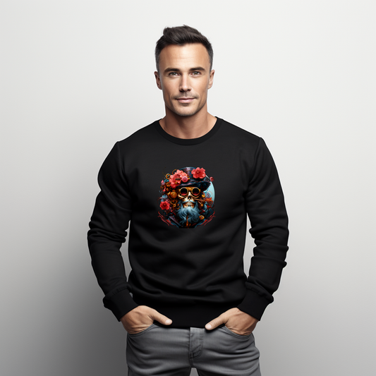 Stilingas juodas vyriškas džemperis su unikaliu kaukolės ir gėlių piešiniu. Drąsus "Captain Jack" dizainas, puikiai tinkantis nuotykių ieškotojams. Designedbyme.lt kūrinys, atspindintis laisvės dvasią. Vyriškas džemperis "Captain Jack", Vyriški džemperiai, BESTSELLER'iai, Naujausi dizainai