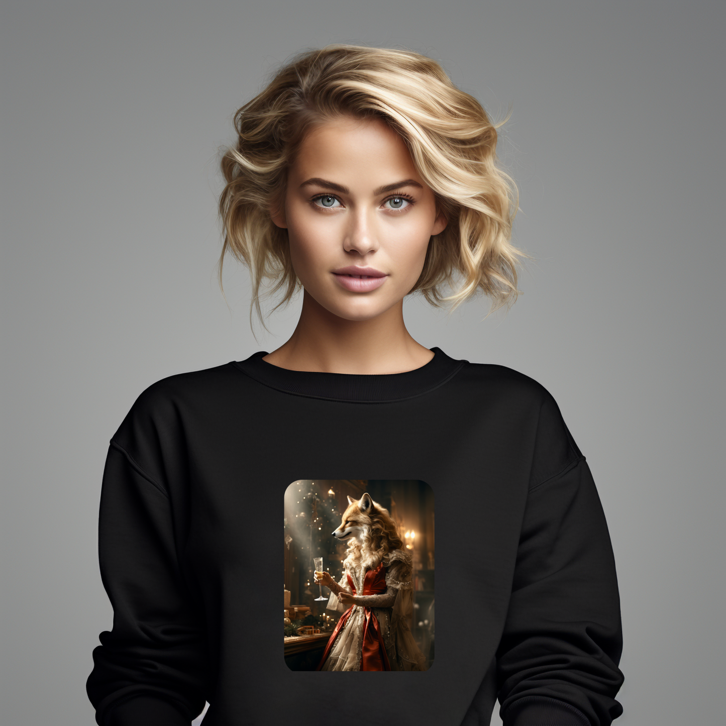 Juodas moteriškas džemperis su kalėdiniu lapės atvaizdu, stilingas ir šventiškas. Unikalus "Christmas Fox" dizainas puikiai tinka žiemos sezonui. Designedbyme.lt kolekcijos dalis, Moteriški džemperiai, Perkamiausi džemperiai, Naujausi dizainai