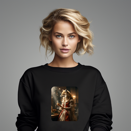 Juodas moteriškas džemperis su kalėdiniu lapės atvaizdu, stilingas ir šventiškas. Unikalus "Christmas Fox" dizainas puikiai tinka žiemos sezonui. Designedbyme.lt kolekcijos dalis, Moteriški džemperiai, Perkamiausi džemperiai, Naujausi dizainai
