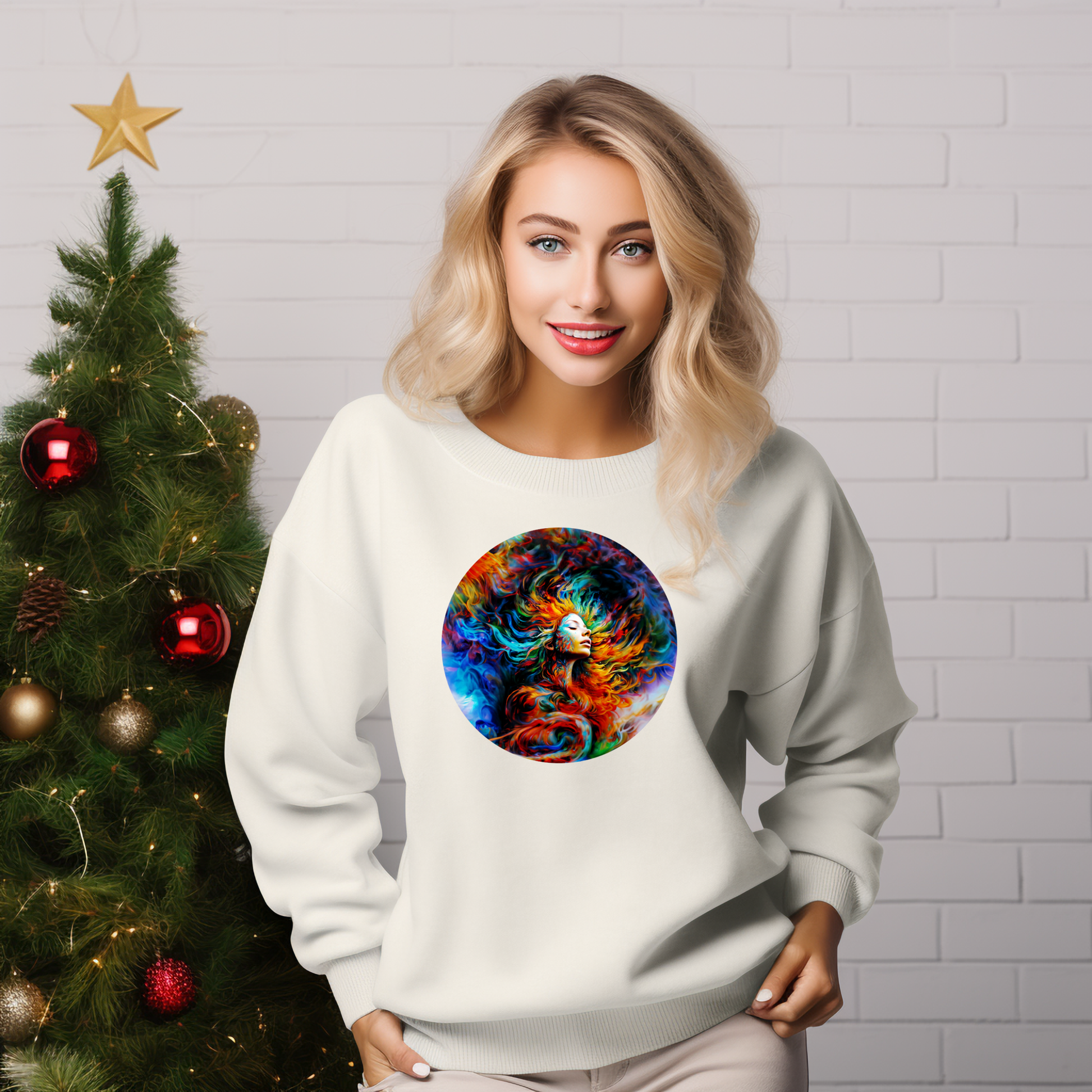 Unikalus baltas moteriškas džemperis su spalvingu apskritimu, atspindinčiu "Colour Burst" dizainą. Madinga ir išskirtinė Designedbyme.lt kolekcija, puikiai tinkanti šventiniam sezonui. Stilingas pasirinkimas ieškančioms originalaus ir šiuolaikiško stiliaus. Moteriški džemperiai,Perkamiausi džemperiai, Naujausi dizainai