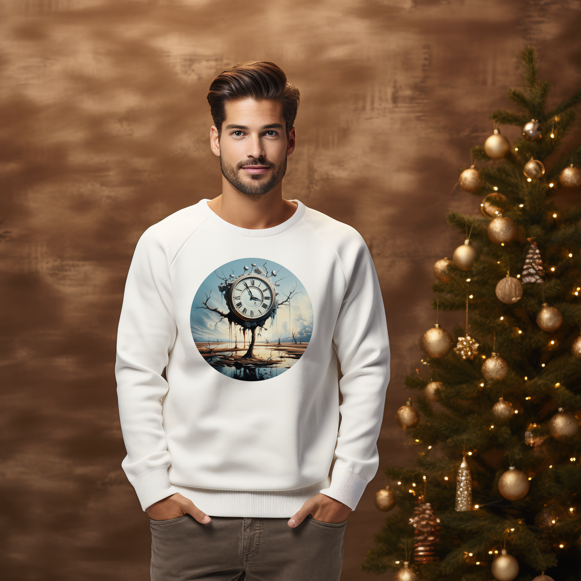 Stilingas baltas džemperis su laikrodžio atvaizdu, atspindinčiu begalybės momentą. Unikalus dizainas, tinkantis šventiniam sezonui. Puiki dovana ieškančiam išskirtinumo. Designedbyme.lt kokybė ir originalumas vienoje vietoje. Vyriški džemperiai, Perkamiausi džemperiai, Naujausi dizainai