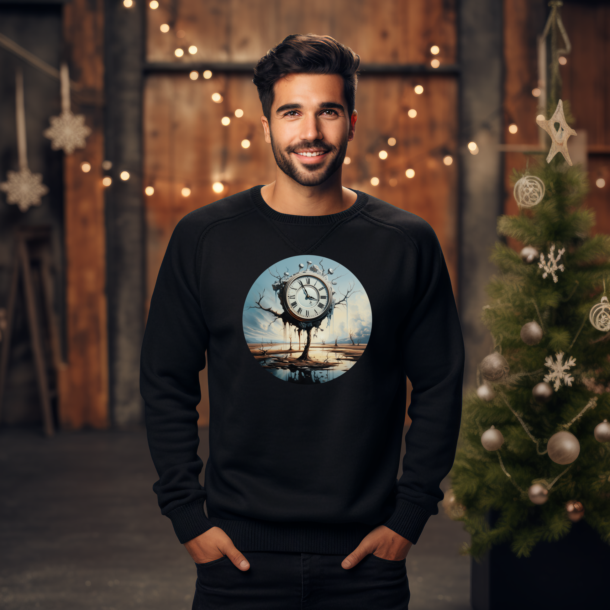 Stilingas juodas džemperis su unikaliu laikrodžio dizainu, atspindinčiu amžiną laiką. Modernus ir originalus modelis, puikiai tinkantis šventiniam sezonui. Designedbyme.lt kokybė ir išskirtinis stilius vienoje vietoje. Vyriški džemperiai, Perkamiausi džemperiai, Naujausi dizainai