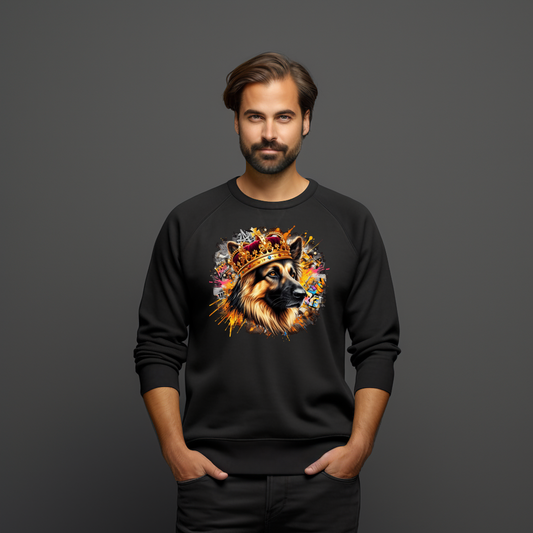 Modernus juodas džemperis su ryškiu šuns su karūna atvaizdu. Unikalus dizainas gyvūnų mylėtojams. Patogus ir stilingas drabužis kasdienai. Designedbyme.lt kokybė ir originalumas. Vyriški džemperiai,Perkamiausi džemperiai, Naujausi dizainai