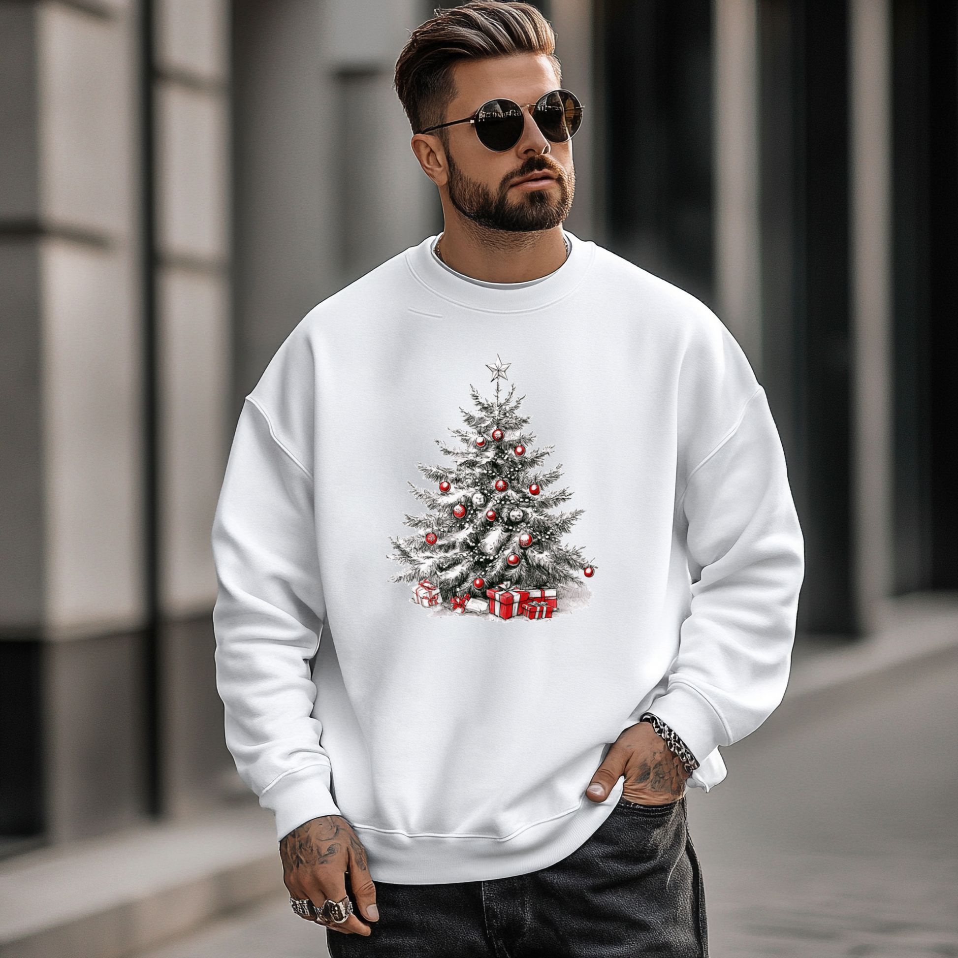 Stilingas vyriškas džemperis "Kalėdinė eglė" su šventine spauda. Baltas džemperis su puošnia eglute, papuošta raudonais žaisliukais ir dovanomis. Unikalus Designedbyme.lt kūrinys, tobulas pasirinkimas šventiniam sezonui. Vyriški džemperiai, Naujausi dizainai, Kalėdinių džemperių kolekcija