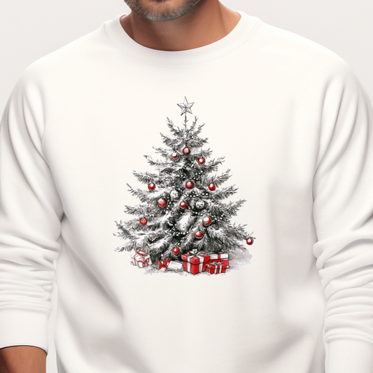 Baltame džemperyje pavaizduota šventinė Kalėdų eglutė su raudonais žaisliukais ir dovanomis. Unikalus ir stilingas dizainas, puikiai tinkantis žiemos sezonui. Vyriškas džemperis "Kalėdinė eglė" - jaukus ir šventiškas pasirinkimas. Vyriški džemperiai, Naujausi dizainai, Kalėdinių džemperių kolekcija