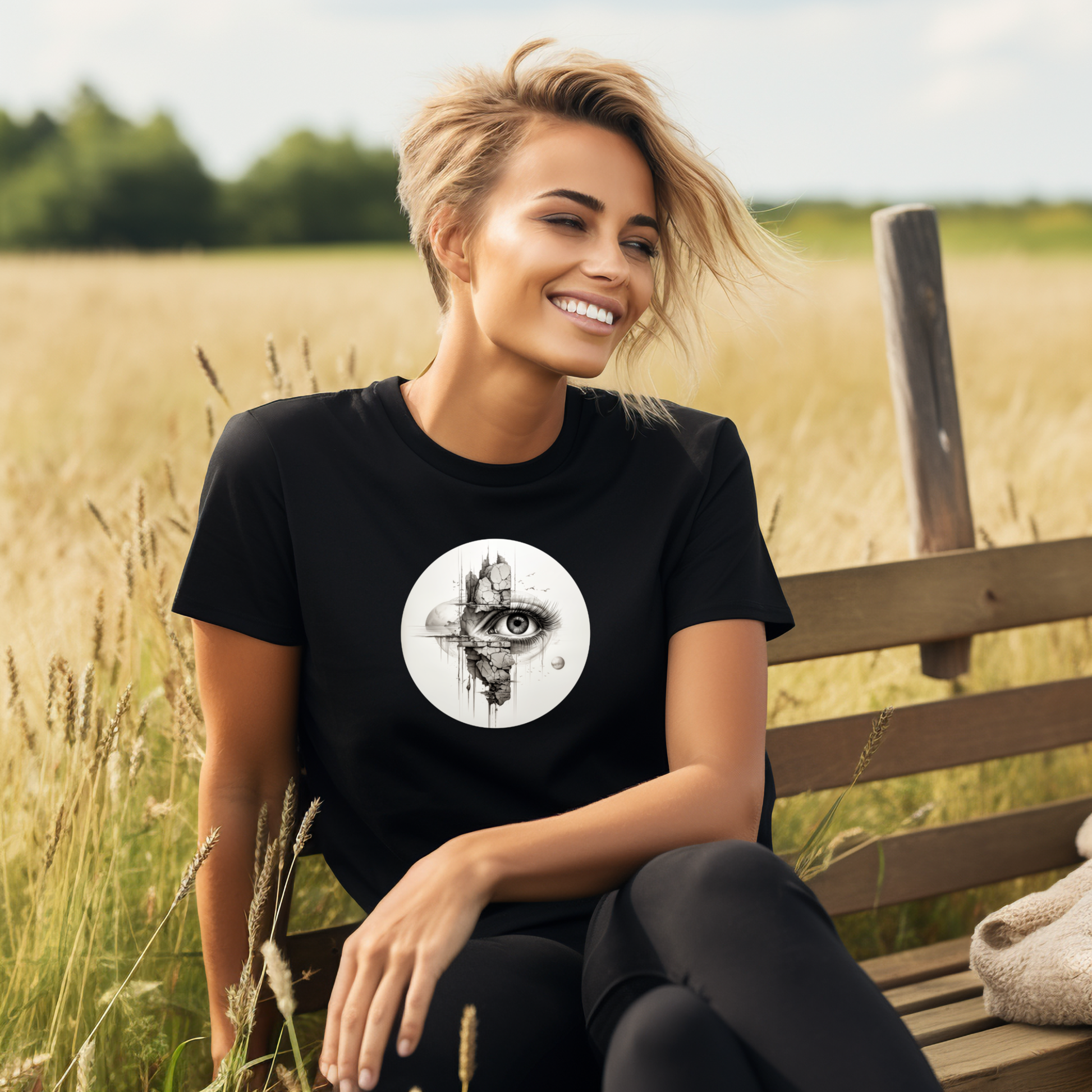 Stilingi juodi marškinėliai su unikaliu akies ir kryžiaus dizainu, demonstruojami laukuose. Modernūs, originalūs ir optimistiški, puikiai tinka šiuolaikinei madai. DesignedByMe.lt kolekcija, tobula dovana draugei ar sau. ,  FINALINIS IŠPARDAVIMAS! NUOLAIDOS IKI -80%
