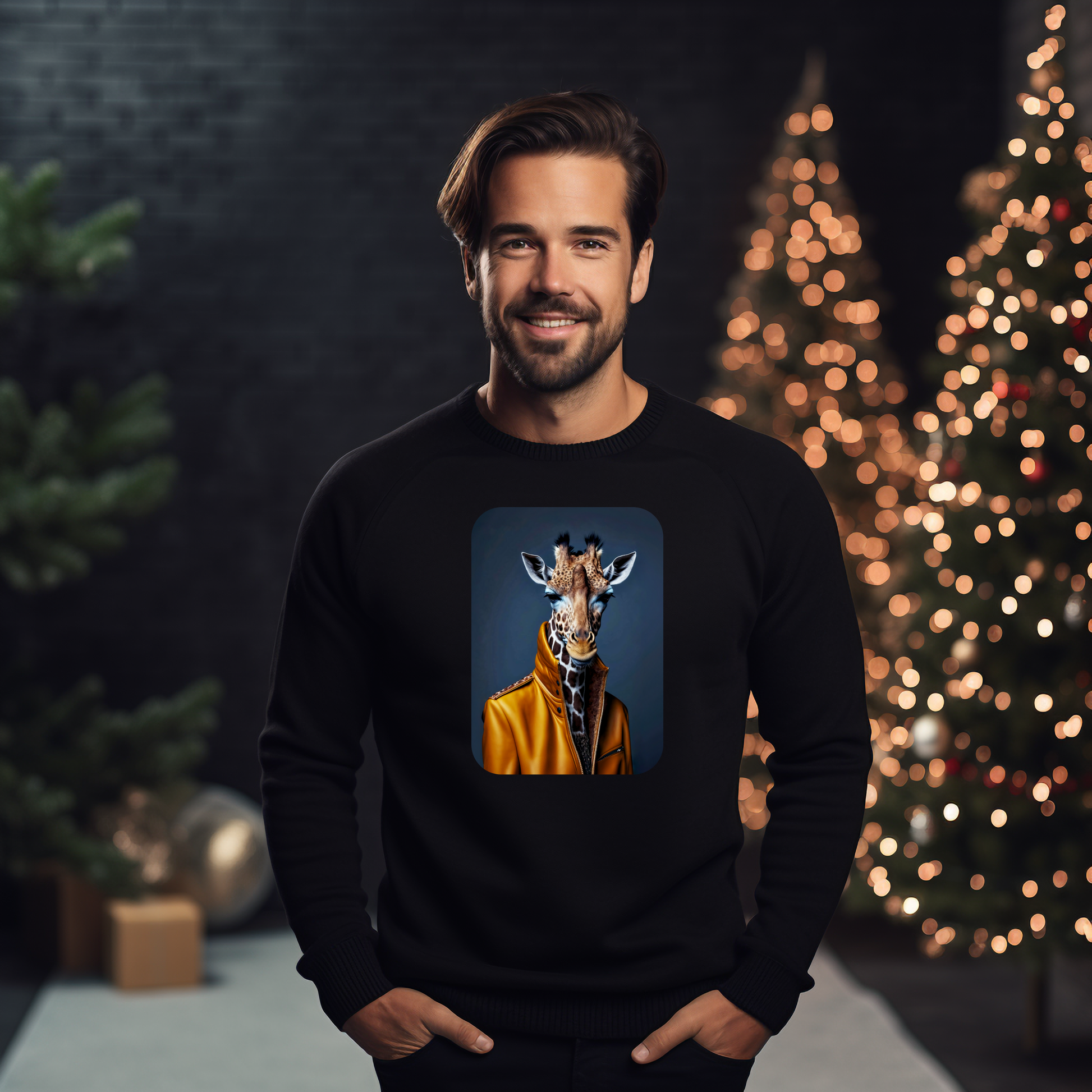 Juodas džemperis su stilingu žirafos atvaizdu, dėvimas šventinėje aplinkoje. Modernus ir unikalus dizainas, puikiai tinkantis šventiniam sezonui. Originalus Designedbyme.lt kūrinys, idealus kaip dovana ar asmeniniam stiliui. Vyriški džemperiai, Naujausi dizainai