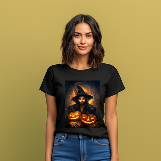 Moteriški marškinėliai "Halloween Wizard" su išskirtiniu raganiumi, vilkinčiu skrybėlę ir laikanti moliūgus, sukurti Designedbyme.lt. Stilingi ir žavingi ekologiškos medvilnės marškinėliai puikiai tiks Helovino tematikai, Moteriški marškinėliai,Visi produktai