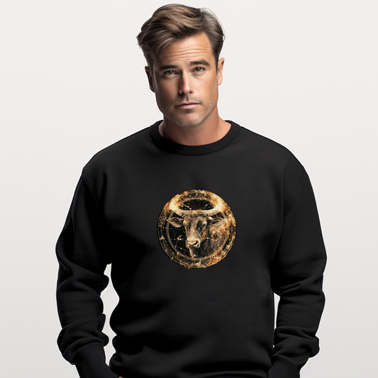 Juodas vyriškas džemperis su auksiniu Jaučio zodiako ženklo simboliu. Elegantiškas ir modernus dizainas, atspindintis tvirtumą ir harmoniją. Vyriškas džemperis su zodiako ženklu "Jautis", Vyriški džemperiai, Perkamiausi džemperiai, Naujausi dizainai, Zodiako ženklų kolekcija