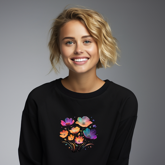 Moteriškas džemperis "Light Flowers" su ryškių spalvų gėlių piešiniu ant juodo fono. Stilingas ir originalus dizainas, puikiai tinkantis šiuolaikinei moteriai. Unikalus Designedbyme.lt kūrinys, tobula dovana draugei. Moteriški džemperiai, Perkamiausi džemperiai, Naujausi dizainai, Kalėdinių džemperių kolekcija