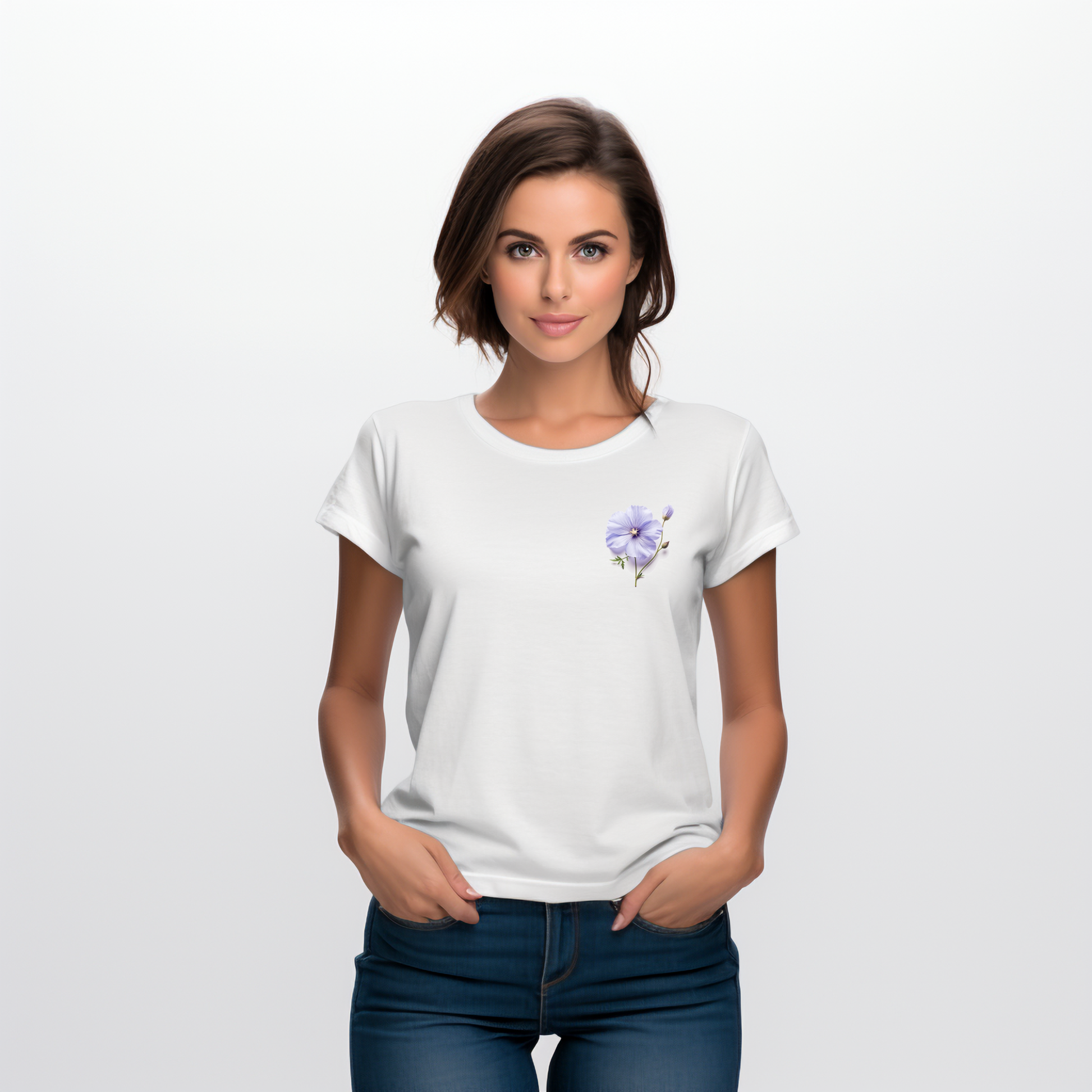 Stilingi balti moteriški marškinėliai su subtiliu violetinio lino žiedo piešiniu, simbolizuojantys harmoniją ir natūralų grožį. Designedbyme.lt originalus dizainas, puikiai tinkantis tiek kasdienai, tiek ypatingoms progoms. Moteriški marškinėliai, Vasaros kolekcija, Naujausi dizainai