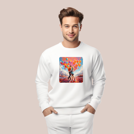 Stilingas baltas džemperis su romantiška spalvinga iliustracija, vaizduojančia porą su balionais. Unikalus Designedbyme.lt kūrinys, idealus kaip dovana ar kasdieniam dėvėjimui. Vyriški džemperiai, Valentino dienos kolekcija, Naujausi dizainai