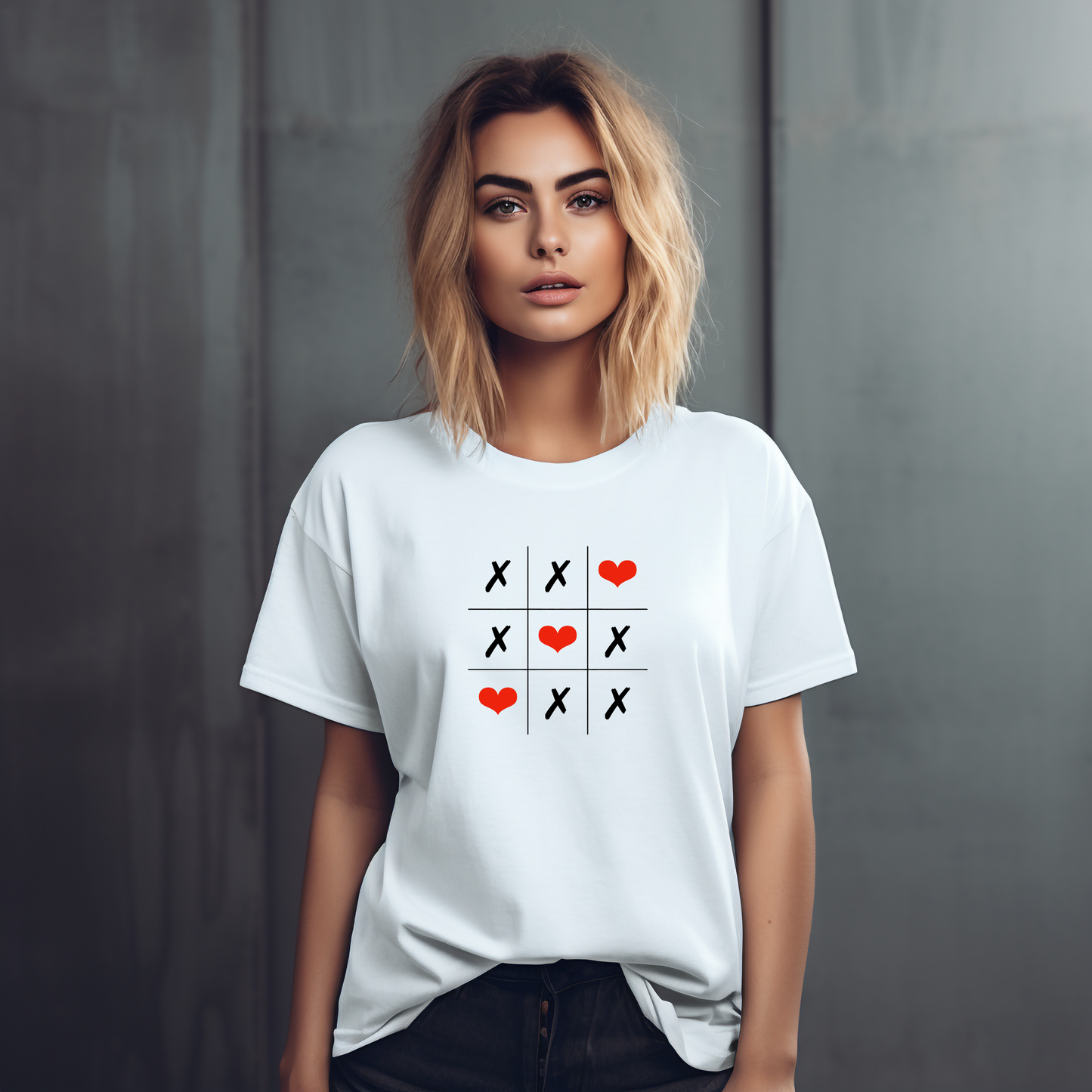 Balti moteriški marškinėliai "Love Game" su kryžiukų ir nuliukų žaidimo dizainu, papuoštu raudonomis širdelėmis. Minimalistinis dizainas ant klasikinio apvalios apykaklės marškinėlių modelio, puikiai tinkantis kasdieniam dėvėjimui.