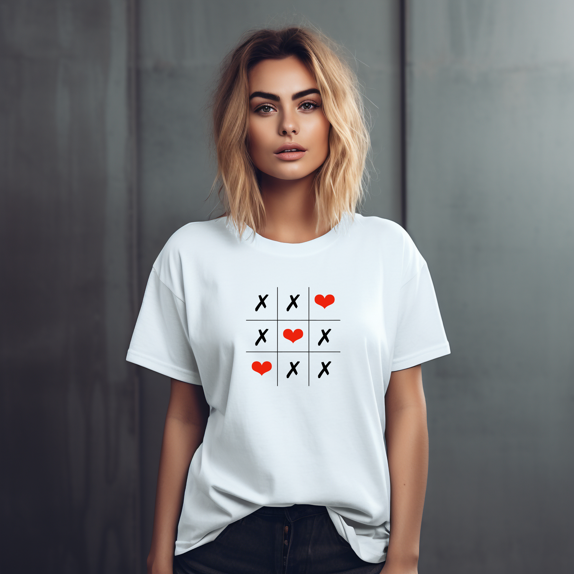 Balti moteriški marškinėliai "Love Game" su kryžiukų ir nuliukų žaidimo dizainu, papuoštu raudonomis širdelėmis. Minimalistinis dizainas ant klasikinio apvalios apykaklės marškinėlių modelio, puikiai tinkantis kasdieniam dėvėjimui.
