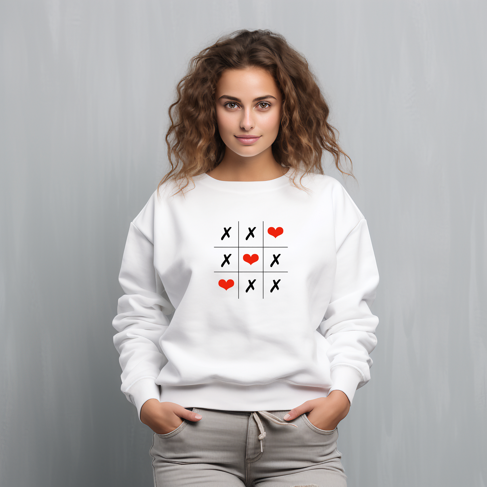Baltas moteriškas džemperis Love Game su kryžiukų ir širdelių žaidimo dizainu, stilingas ir minimalistinis