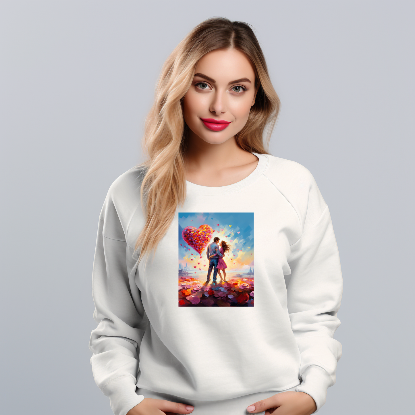 Stilingas baltas džemperis su romantišku "Love in the City" paveikslu, vaizduojančiu porą ir širdies formos balionus. Unikalus Designedbyme.lt kūrinys, puiki dovana Valentino dienai. Moteriški džemperiai, Valentino dienos kolekcija , Naujausi dizainai