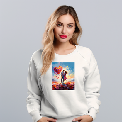 Stilingas baltas džemperis su romantišku "Love in the City" paveikslu, vaizduojančiu porą ir širdies formos balionus. Unikalus Designedbyme.lt kūrinys, puiki dovana Valentino dienai. Moteriški džemperiai, Valentino dienos kolekcija , Naujausi dizainai