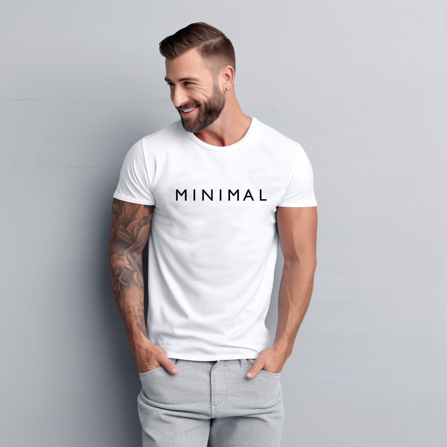 Stilingi balti marškinėliai su užrašu "MINIMAL". Vyras su šypsena dėvi marškinėlius, demonstruodamas modernų ir minimalistinį dizainą. Puikus pasirinkimas ieškant unikalių dovanų. Designedbyme.lt kokybė ir originalumas. ,  FINALINIS IŠPARDAVIMAS! NUOLAIDOS IKI -80%