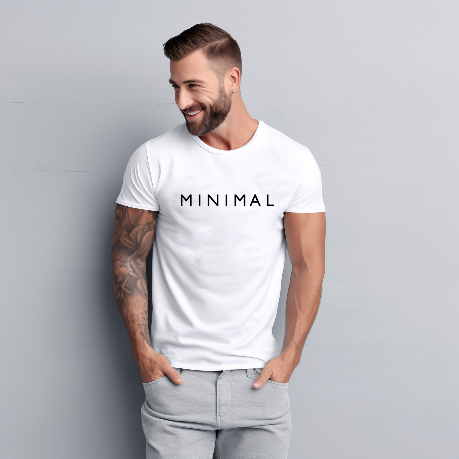 Stilingi balti marškinėliai su užrašu "MINIMAL". Vyras su šypsena dėvi marškinėlius, demonstruodamas modernų ir minimalistinį dizainą. Puikus pasirinkimas ieškant unikalių dovanų. Designedbyme.lt kokybė ir originalumas. ,  FINALINIS IŠPARDAVIMAS! NUOLAIDOS IKI -80%