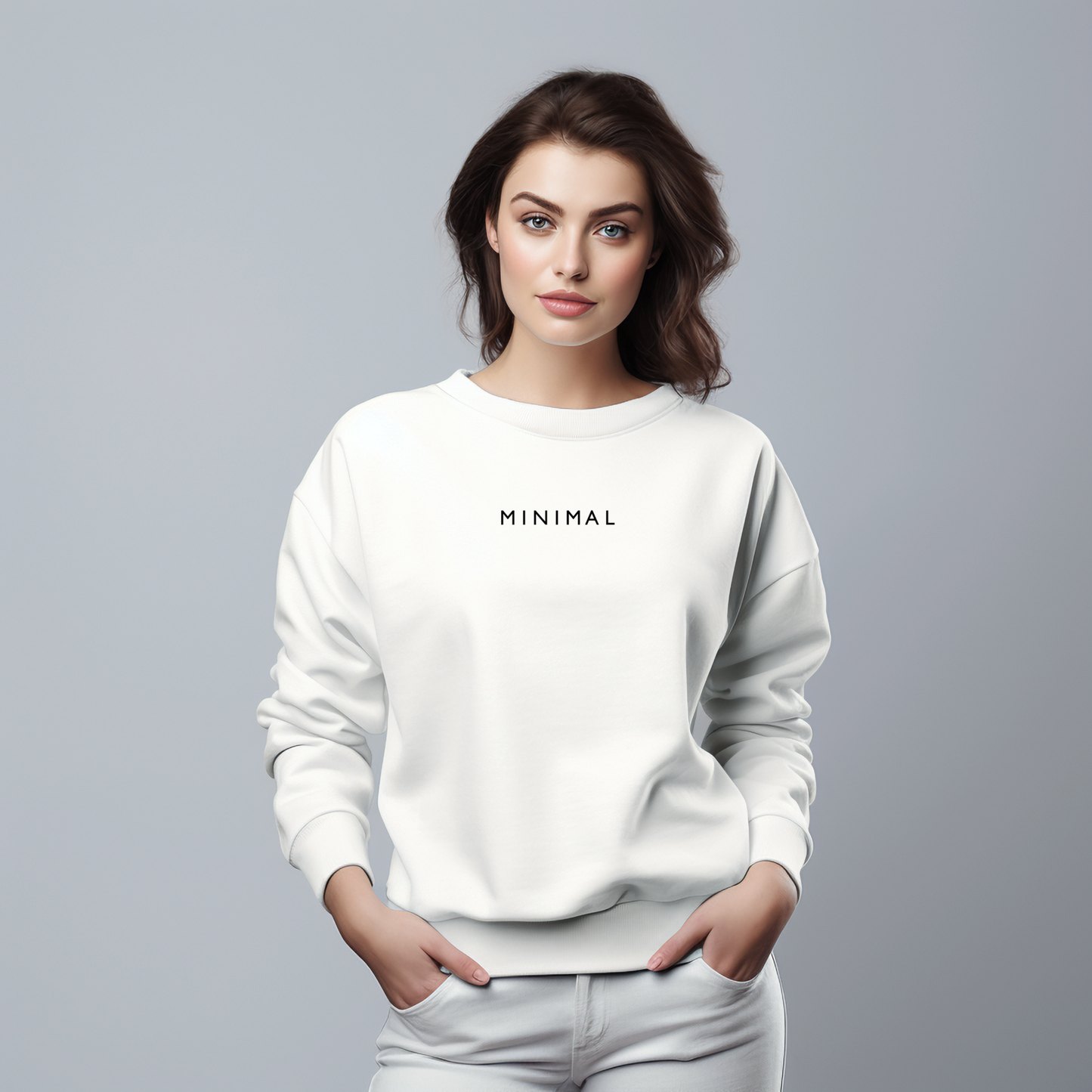 Stilingas baltas moteriškas džemperis su užrašu "MINIMAL". Minimalistinis dizainas, patogus ir madingas. Puikus pasirinkimas kasdienai ar laisvalaikiui. Designedbyme.lt kolekcija. Moteriški džemperiai, Naujausi dizainai